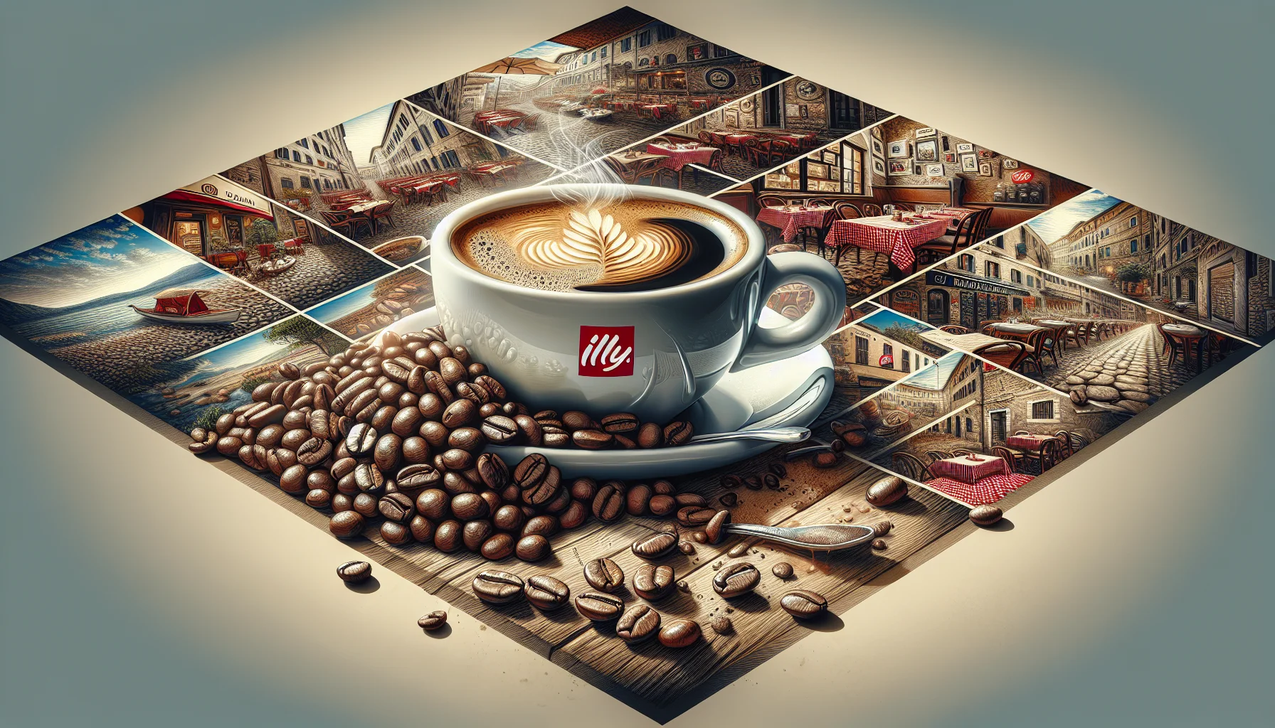 Широкоформатное изображение кофе illy Купаж арабіка/робуста с чашкой и кофейными зернами в итальянском кафе