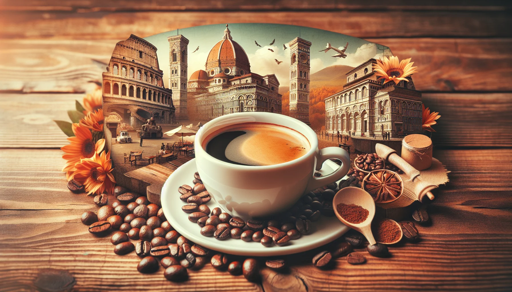 Чашка Кава illy без кофеїну на деревянном столе с итальянским пейзажем на фоне.