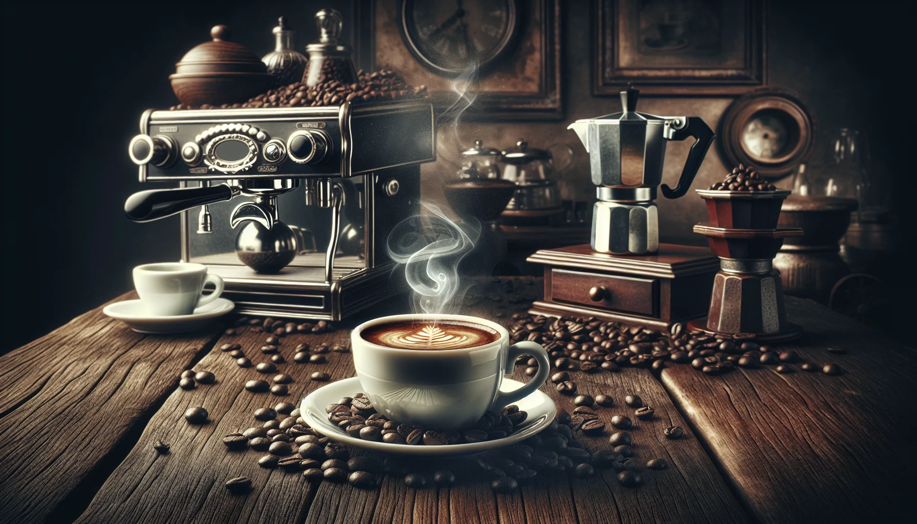Фотография чашки Кава illy з високим вмістом кофеїну в итальянском кафе, окруженная кофейными зернами.