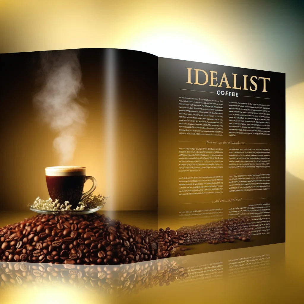 Фотографическое изображение кофе в зернах IDEALIST COFFEE с чашкой ароматного напитка на фоне натуральных элементов