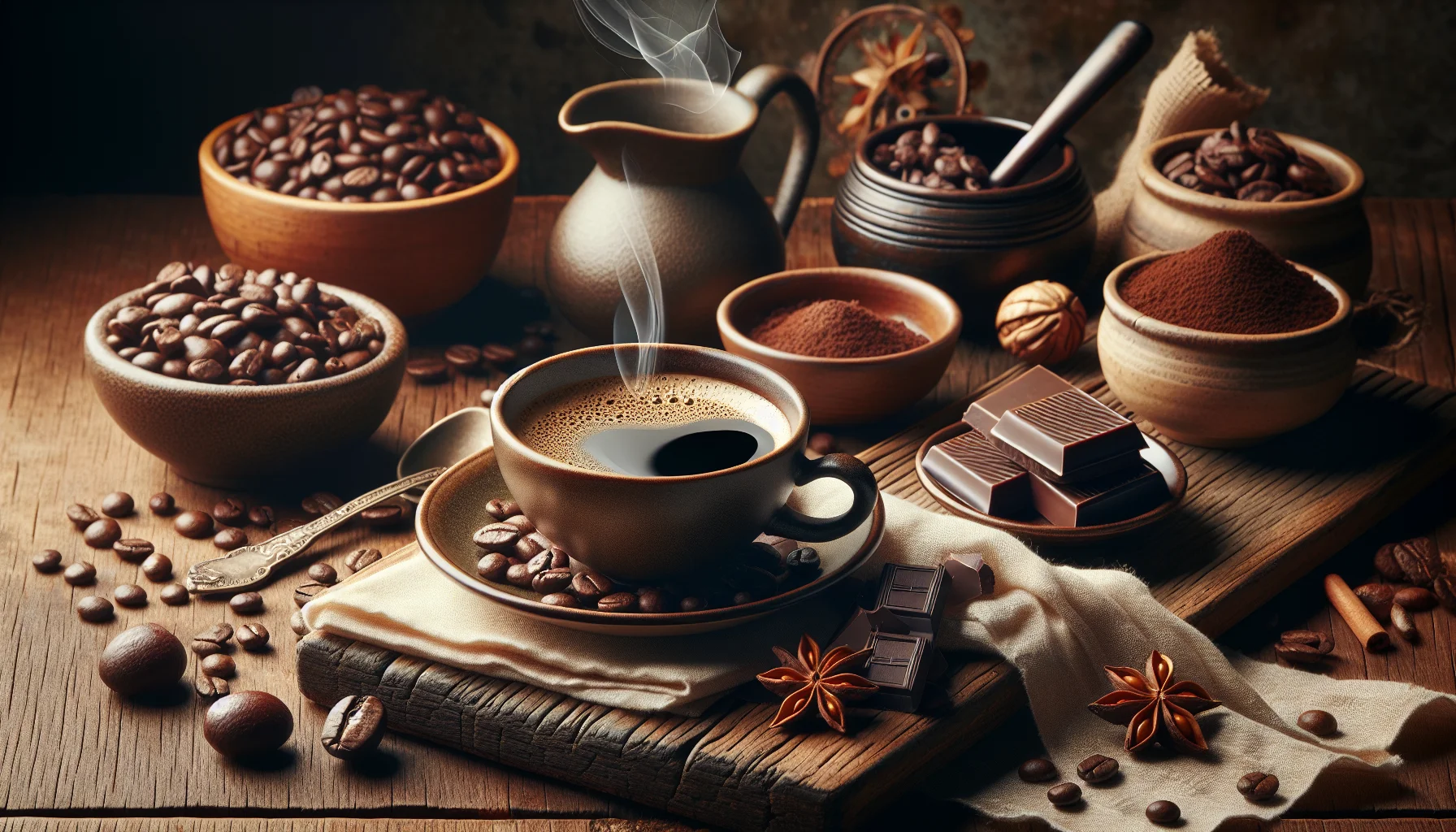 Атмосферное изображение меленої кави IDEALIST COFFEE с парящей чашкой и свежими зернами