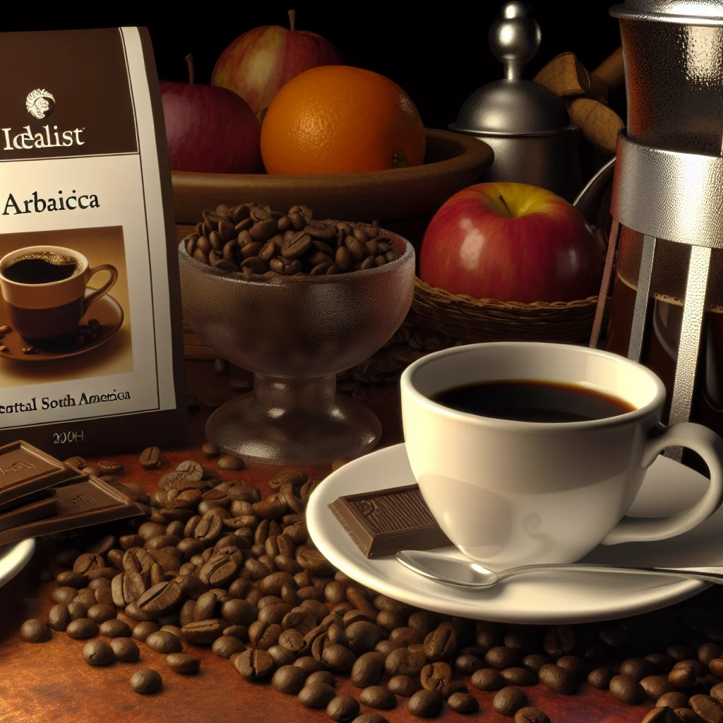 Изображение Кава IDEALIST COFFEE Арабіка с чашками кофе, френч-прессом и зернами, подчеркивающее их премиальный вкус.
