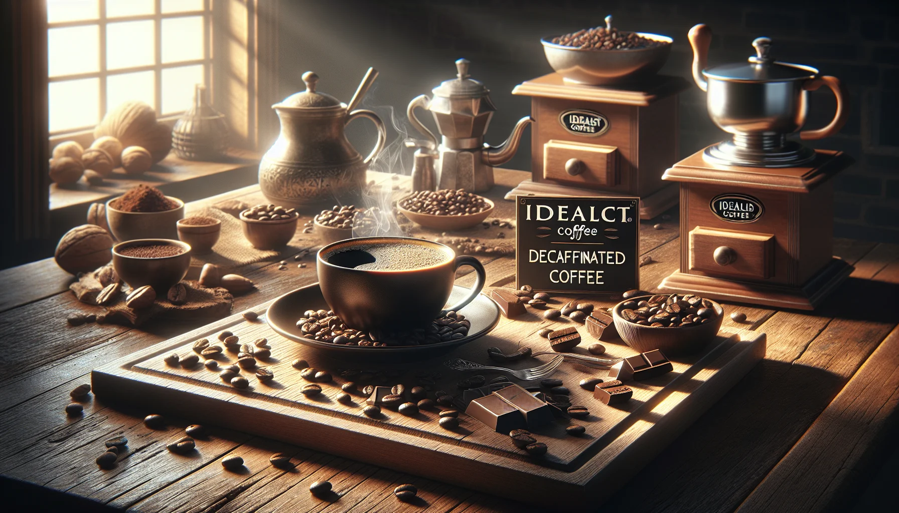Широкоформатное изображение кофе IDEALIST COFFEE без кофеина с нотами шоколада и орехов в уютной атмосфере.