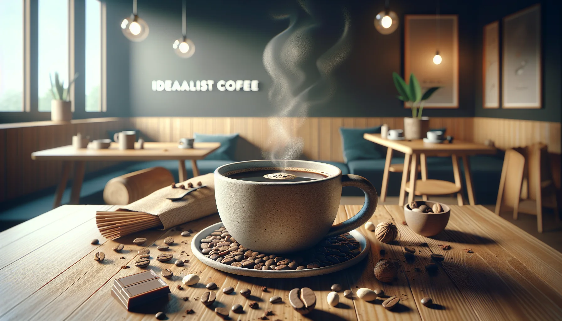 Чашка кави IDEALIST COFFEE із середнім вмістом кофеїну на столе с зернами, шоколадом и орехами в уютной обстановке.