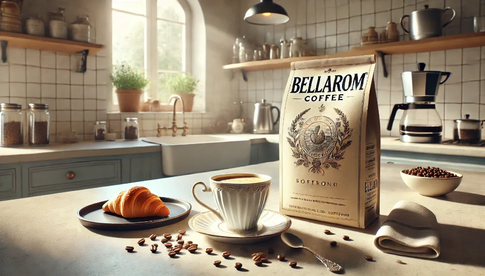 Кофе Bellarom - европейское качество в каждой чашке Пакет кофе Bellarom на каменной столешнице с чашечкой кофе и уютной кухней на фоне