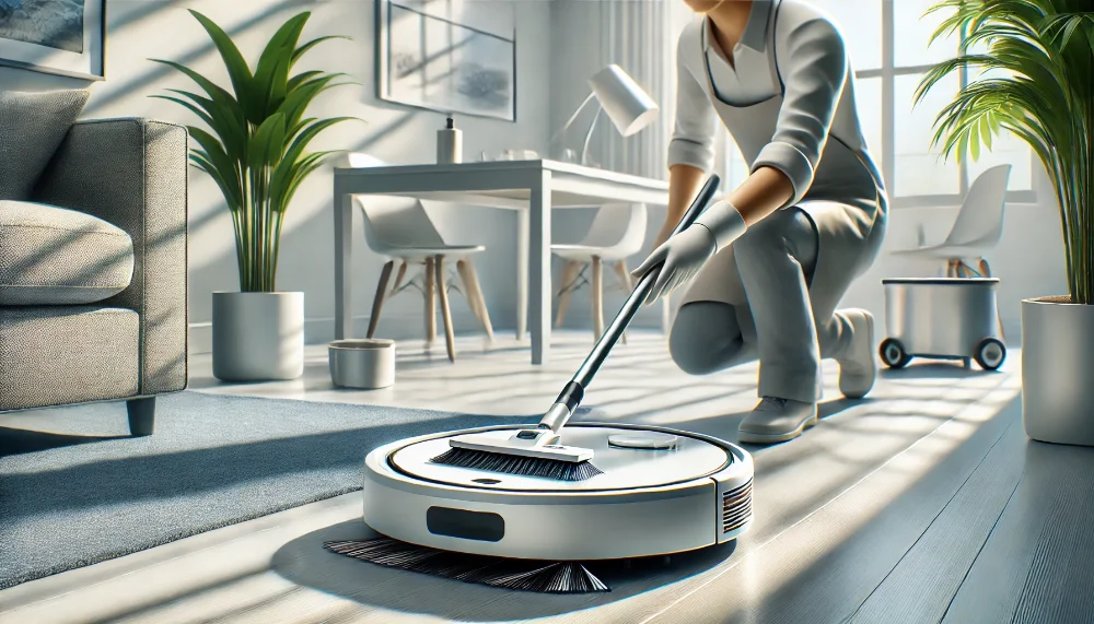 Людина уважно очищає щітки і сенсори робот-пилососа у світлому інтер'єрі кімнати