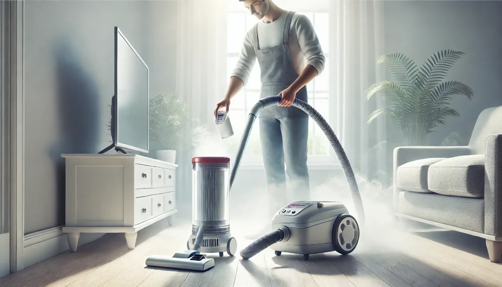 Людина очищає контейнер для пилу і змінює фільтр пилососа для усунення неприємного запаху в світлому приміщенні