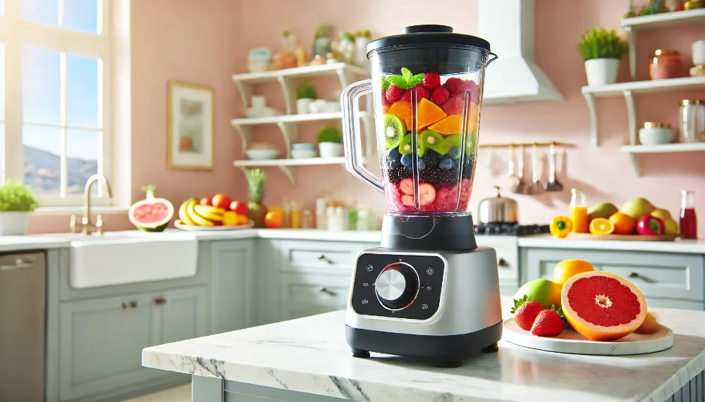 Крупний план стаціонарного блендера із яскравими фруктами для смузі у світлій сучасній кухні.