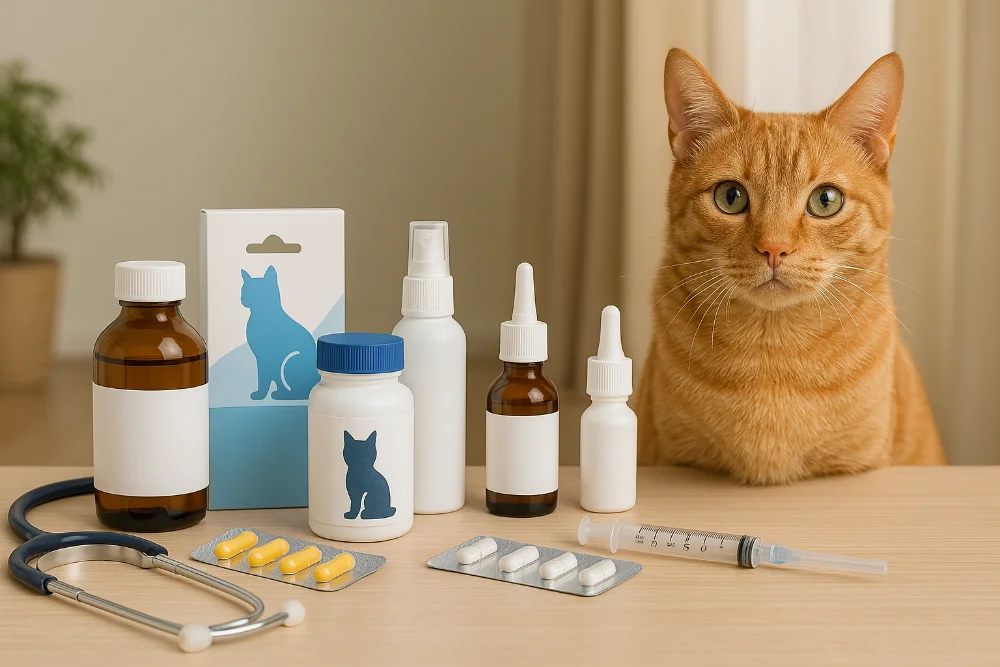 Рудий кіт поряд із ветпрепаратами, таблетками та стетоскопом на столі