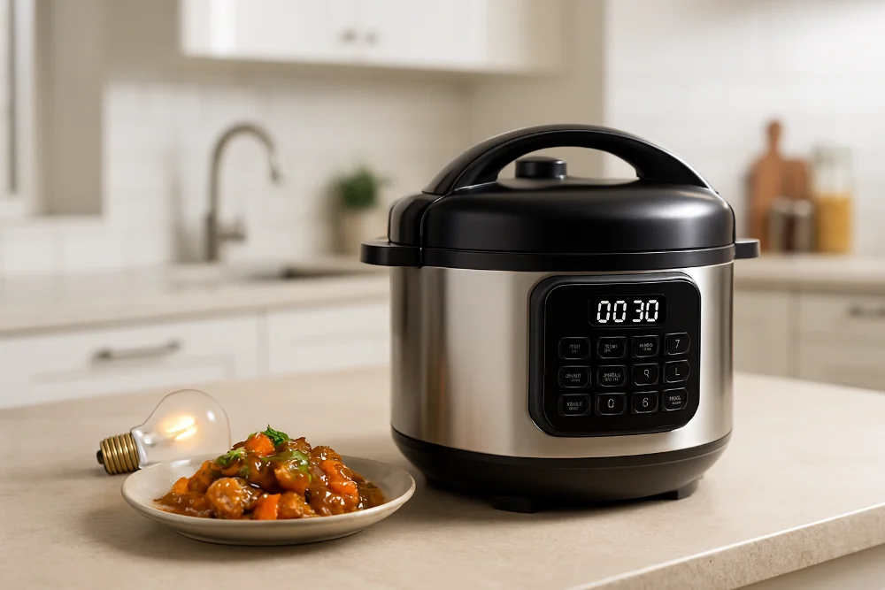 Сучасна мультиварка на кухонному столі, комфортний інтер'єр, страва та лампочка як символ економії електрики