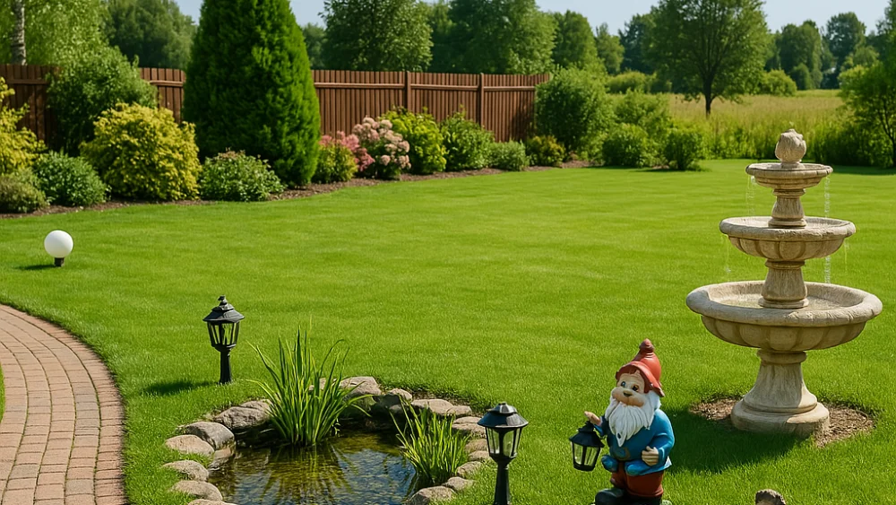 Затишний сад з зеленою галявиною, декоративними фігурами, садовим фонтаном і акуратними доріжками на фоні природи