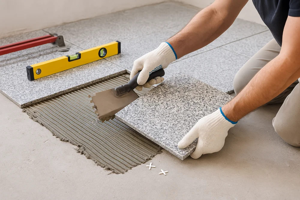 Робочий укладає велику гранітну плитку на підлогу, використовуючи клей і рівень