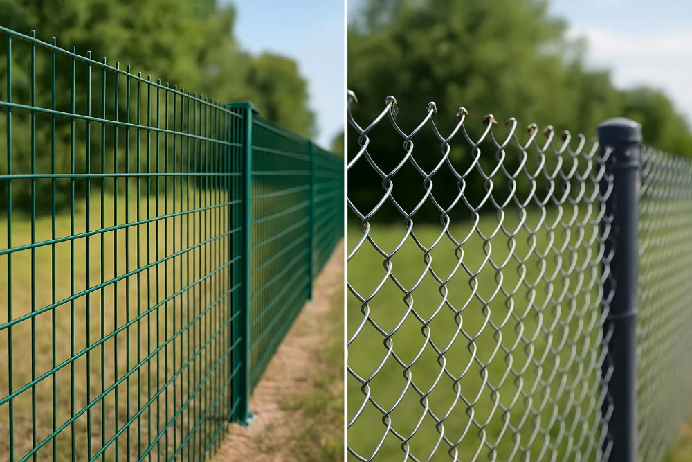 Зварна сітка та сітка рабиця поруч на фоні зеленої ділянки під сонцем