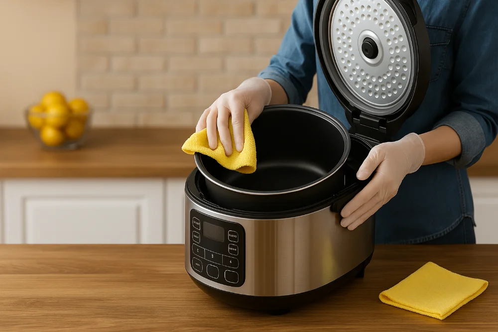 Людина ретельно очищає чашу мультиварки м’якою серветкою на кухні