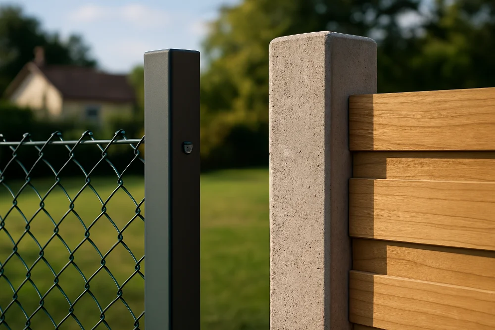 Порівняння металевого і бетонного стовпа для паркану на фоні передміського ландшафту.