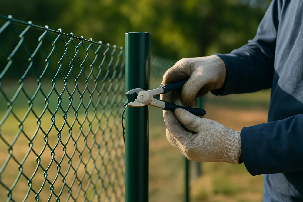Робітник фіксує сітку до металевого стовпа в природних умовах, використовуючи інструменти.