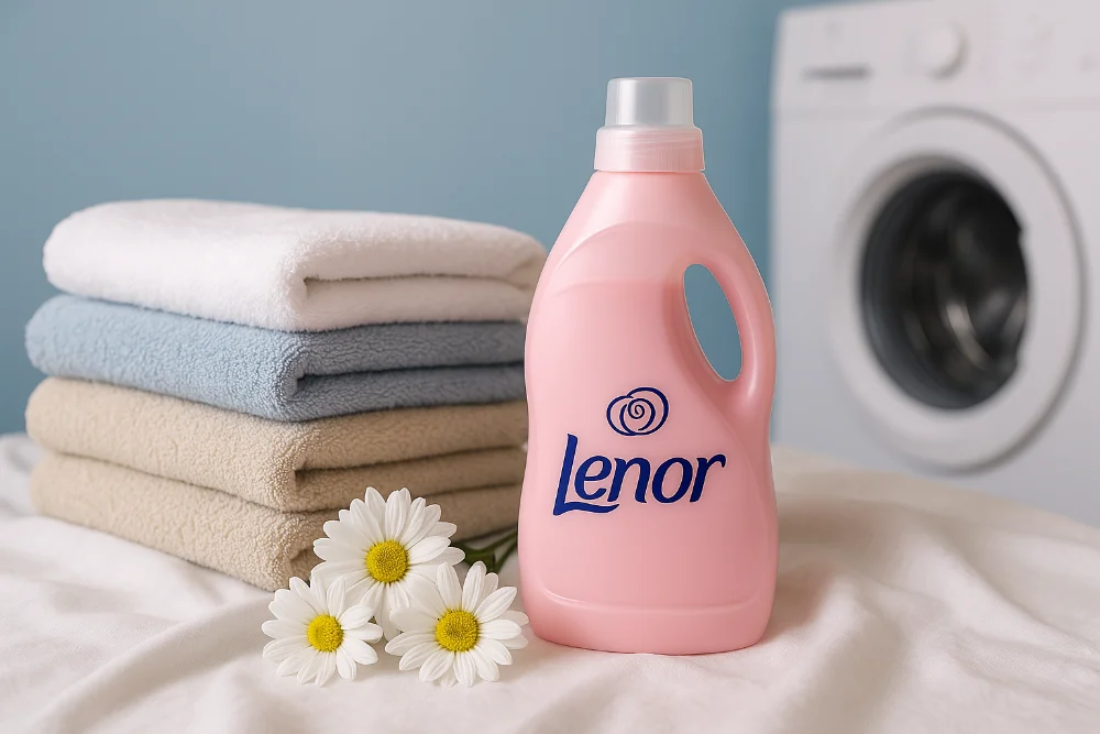 Кондиціонер Lenor серед рушників у світлому інтер’єрі пральні Пляшка Lenor з логотипом серед м’яких рушників і квітів на фоні пральної машини