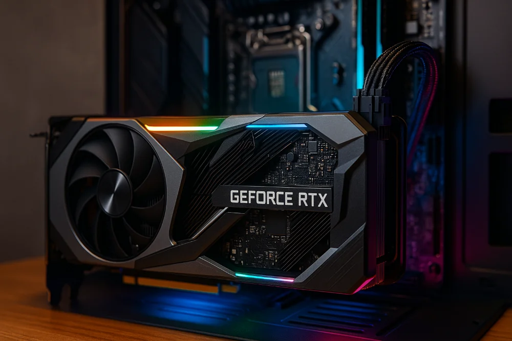 Відеокарта GeForce RTX з RGB-підсвічуванням, встановлена в системному блоці