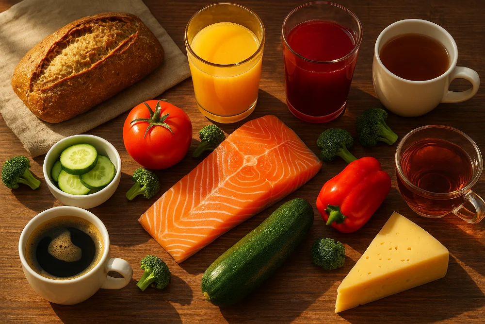 Натуральні продукти з соками, кавою та чаєм на сонячному столі Асорті з продуктів: риба, овочі, сир, соки, кава і чай під сонячним світлом
