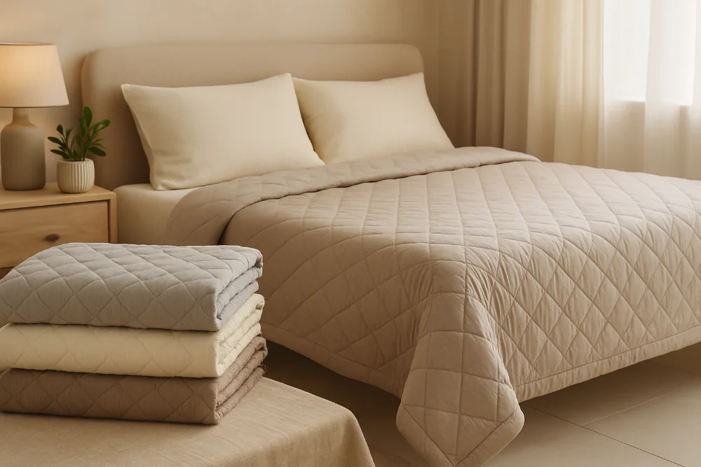 Бежева стьобана ковдра на ліжку в інтер’єрі зі світлим деревом і м’яким світлом