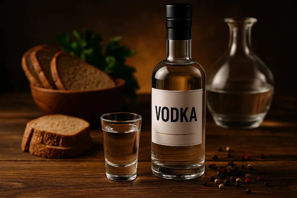 Пляшка горілки з чаркою, хлібом і перцем на тлі дерев’яного столу