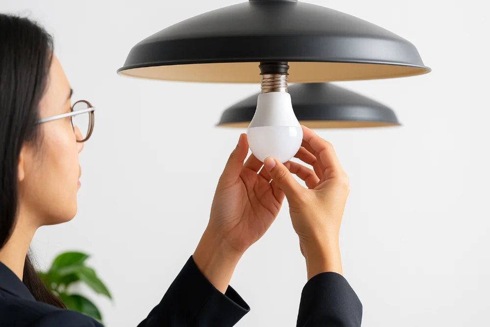 Жінка встановлює LED-лампу у чорний світильник на фоні білої стіни