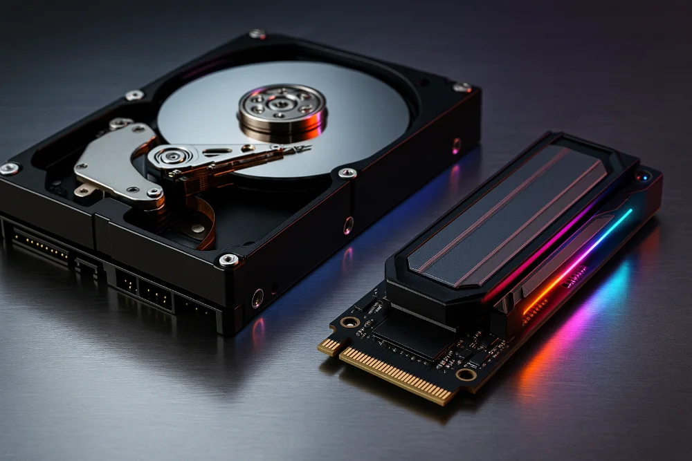 Жорсткий диск і SSD з підсвічуванням на металевому фоні, макрознімок