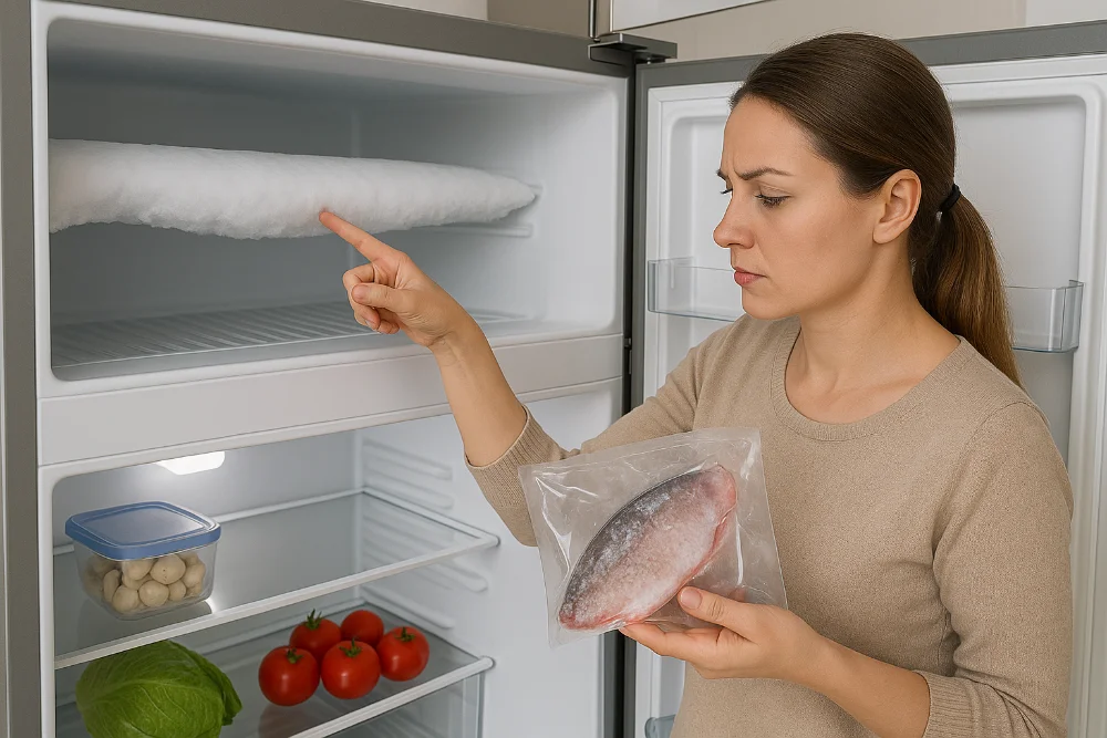 Намерзання в морозильній камері та перевірка продуктів Жінка тримає пакет із замороженою рибою і оглядає лід у морозильнику холодильника