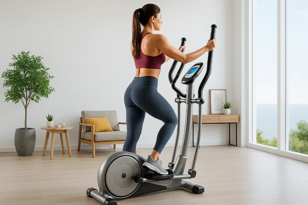 Фітнес-тренування на орбітреку вдома з панорамним видом на узбережжя
