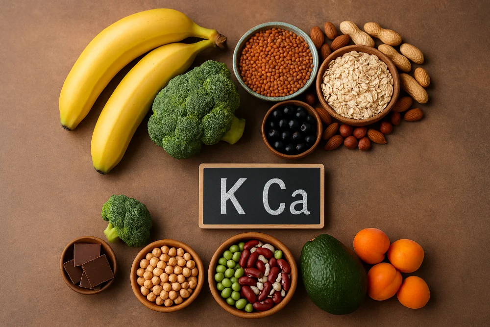 Продукти, багаті на калій і кальцій для підтримки здоров’я Натуральні продукти з високим вмістом калію та кальцію на столі