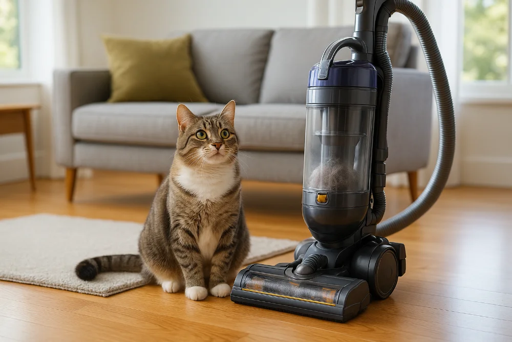 Кіт біля пилососа на дерев’яній підлозі у світлій кімнаті з диваном