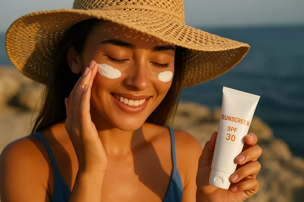 Жінка на пляжі наносить сонцезахисний крем SPF 30 на обличчя Усміхнена жінка в капелюсі наносить крем SPF 30 біля моря в сонячний день