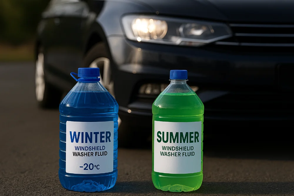 Синя й зелена пляшки з маркуванням «Winter» та «Summer» поруч із авто на асфальті