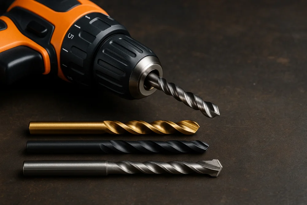 Електродриль зі встановленим свердлом і набір спеціалізованих свердел