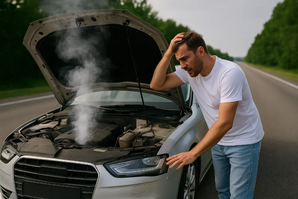 Чоловік у білій футболці та джинсах оглядає димлячий двигун авто