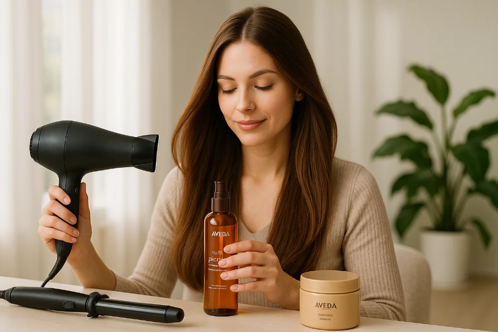 Жінка з довгим блискучим волоссям тримає фен та косметику для догляду