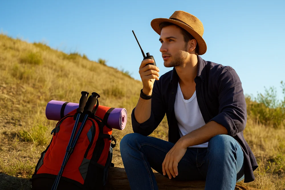 Молодий чоловік із рацією на пагорбі поруч із рюкзаком і туристичним спорядженням
