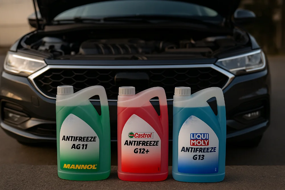 Три каністри антифризу з брендами Mannol G11, Castrol G12+ і Liqui Moly G13