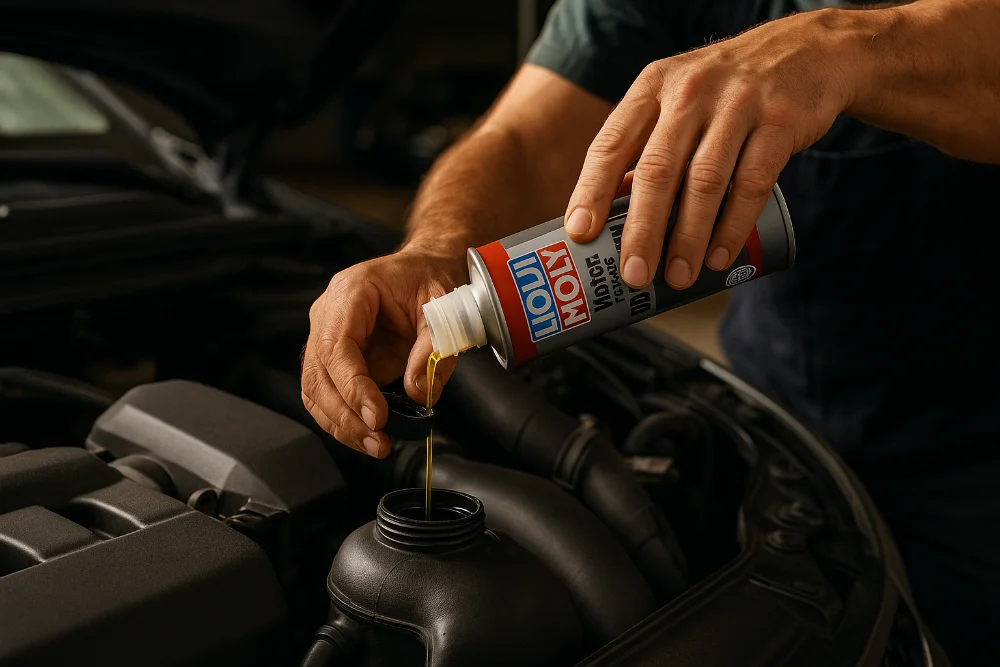 Механік наливає присадку Liqui Moly до моторної оливи авто в гаражі