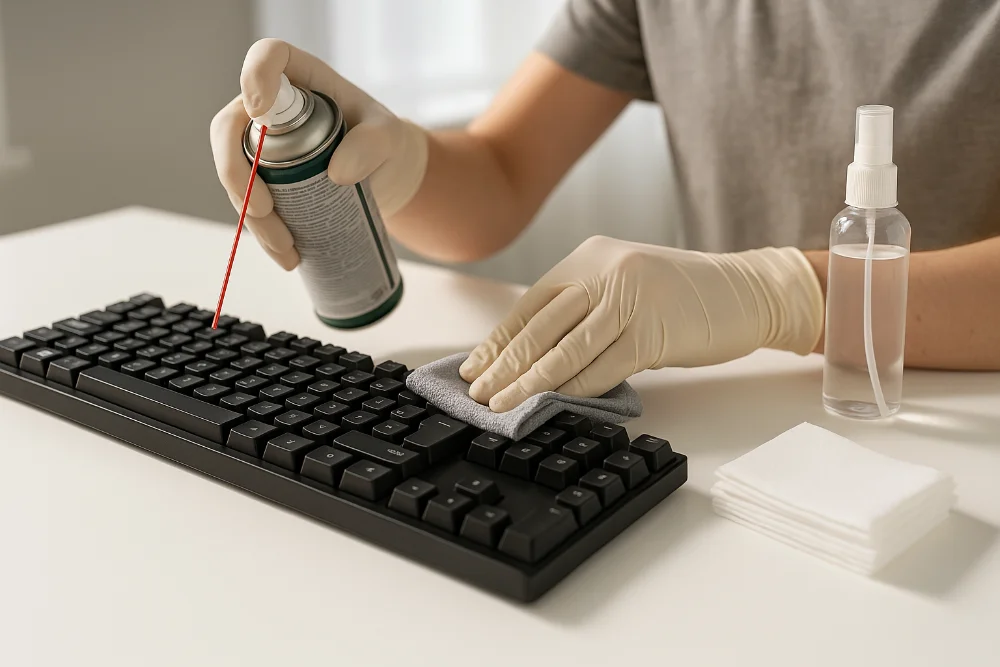 Людина в рукавичках чистить клавіатуру балончиком повітря і серветкою