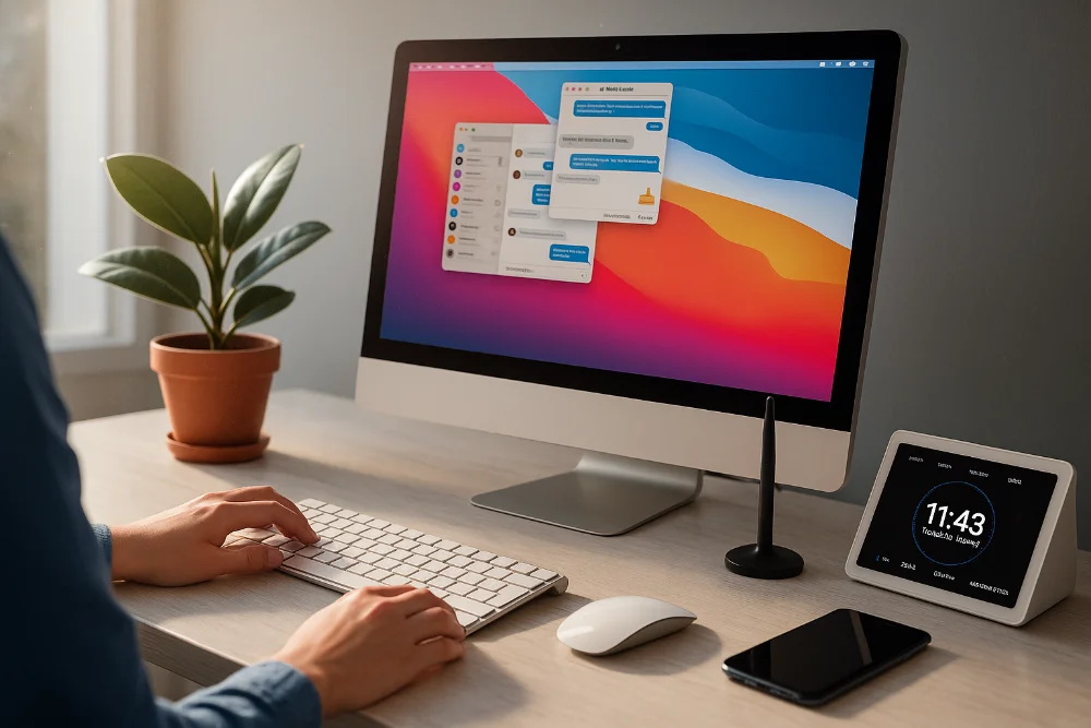 Людина працює за моноблоком на акуратному столі з рослиною та гаджетами