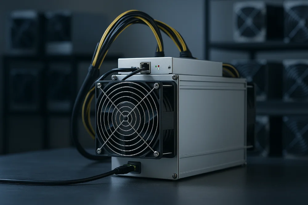 Професійне фото ASIC-майнера з кабелями живлення на майнінговій фермі