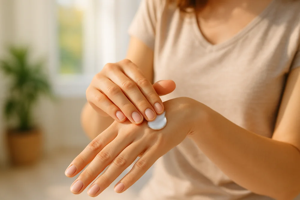 Жінка м’яко втирає крем у шкіру руки, насолоджуючись доглядом