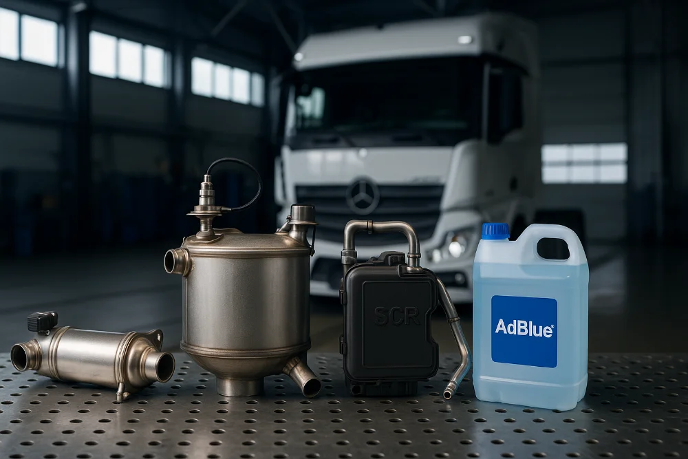 Сучасні деталі систем SCR, DPF і AdBlue перед вантажівкою в автомайстерні