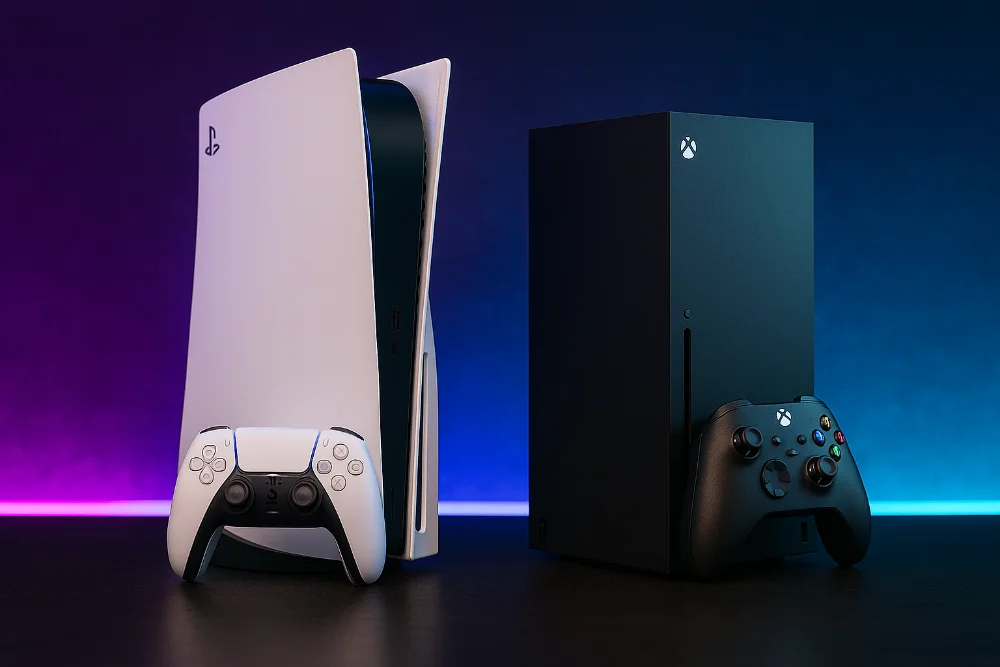 PlayStation 5 і Xbox Series X поруч із контролерами на неоновому фоні
