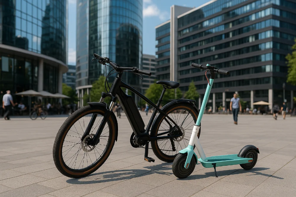 Чорний електровелосипед і м'ятний самокат стоять на площі з людьми та офісами