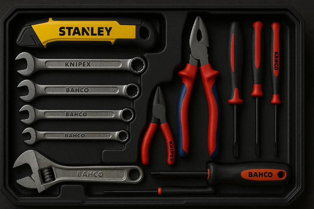 Упорядкована інструментальна скриня з ручним інструментом Knipex, Bahco, Stanley