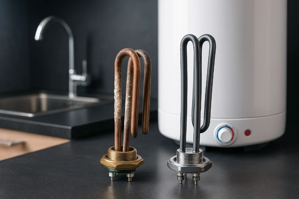 Сухий і мокрий ТЕН на кухонній поверхні з бойлером і мийкою на фоні