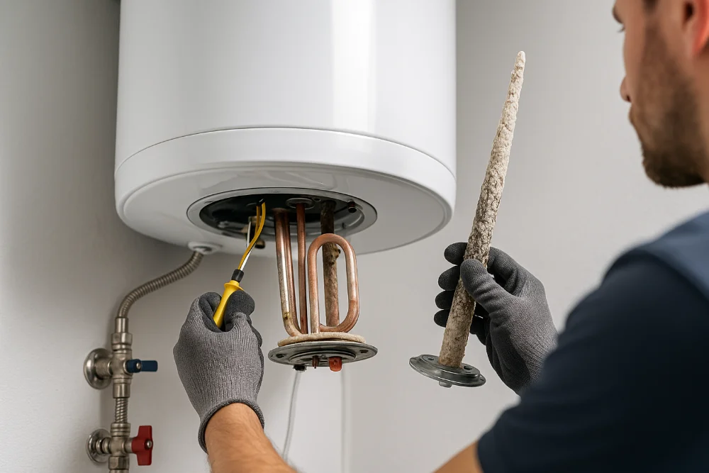 Майстер проводить обслуговування бойлера, замінюючи зношений анод