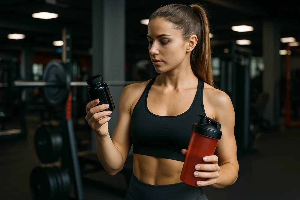 Жінка у формі тримає банку жироспалювача і шейкер у сучасному спортзалі